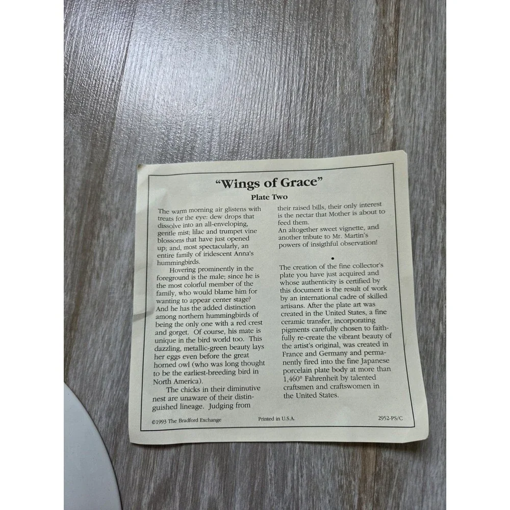 VTG Bradford Exchange Wings of Grace Hummingbird Plate Larry K Martin COA 93